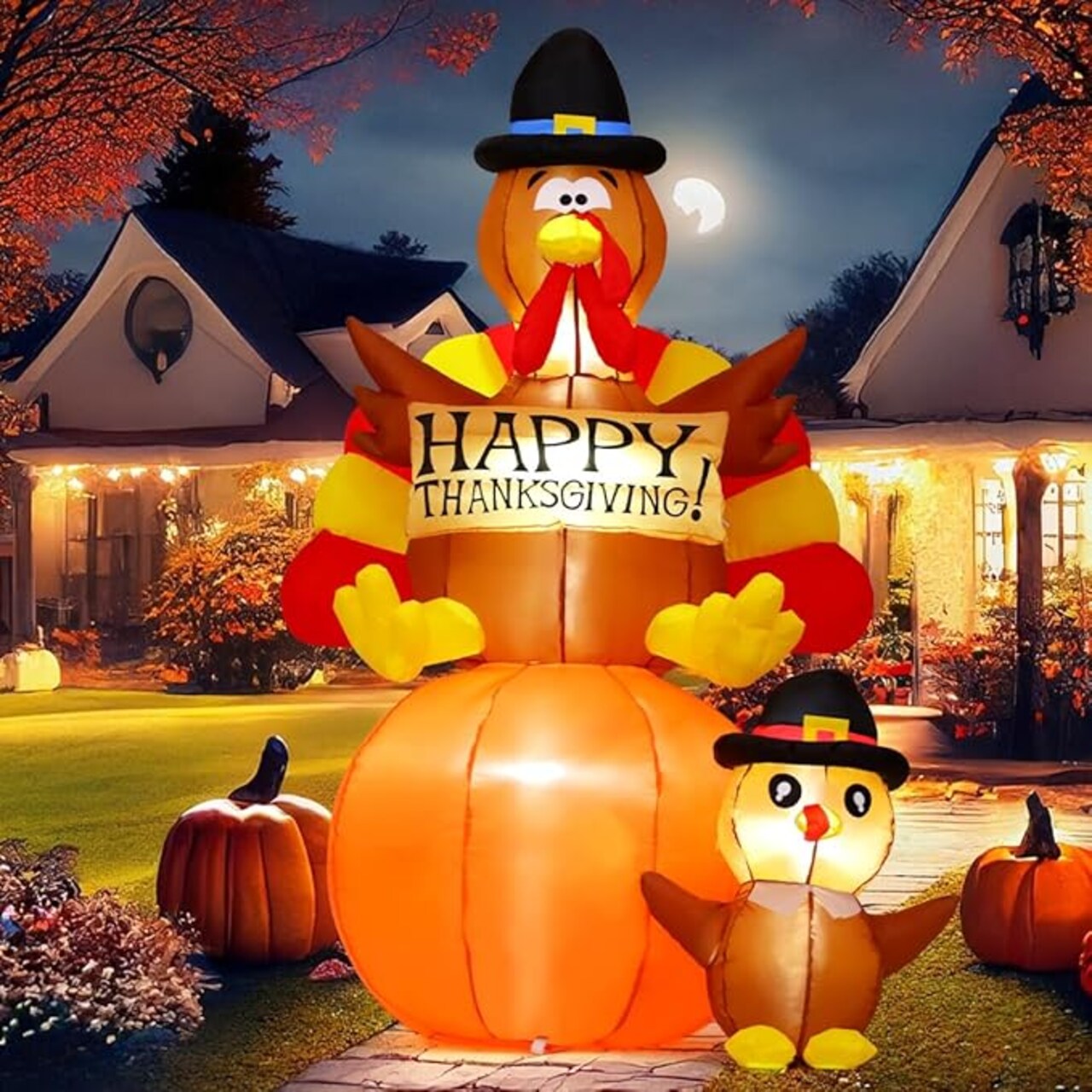 GOOSH 6 FT Thanksgiving Inflatables Turkey Blow Up Yard Turkey on Pumpkin with Turkey Baby with Built-in LEDs
